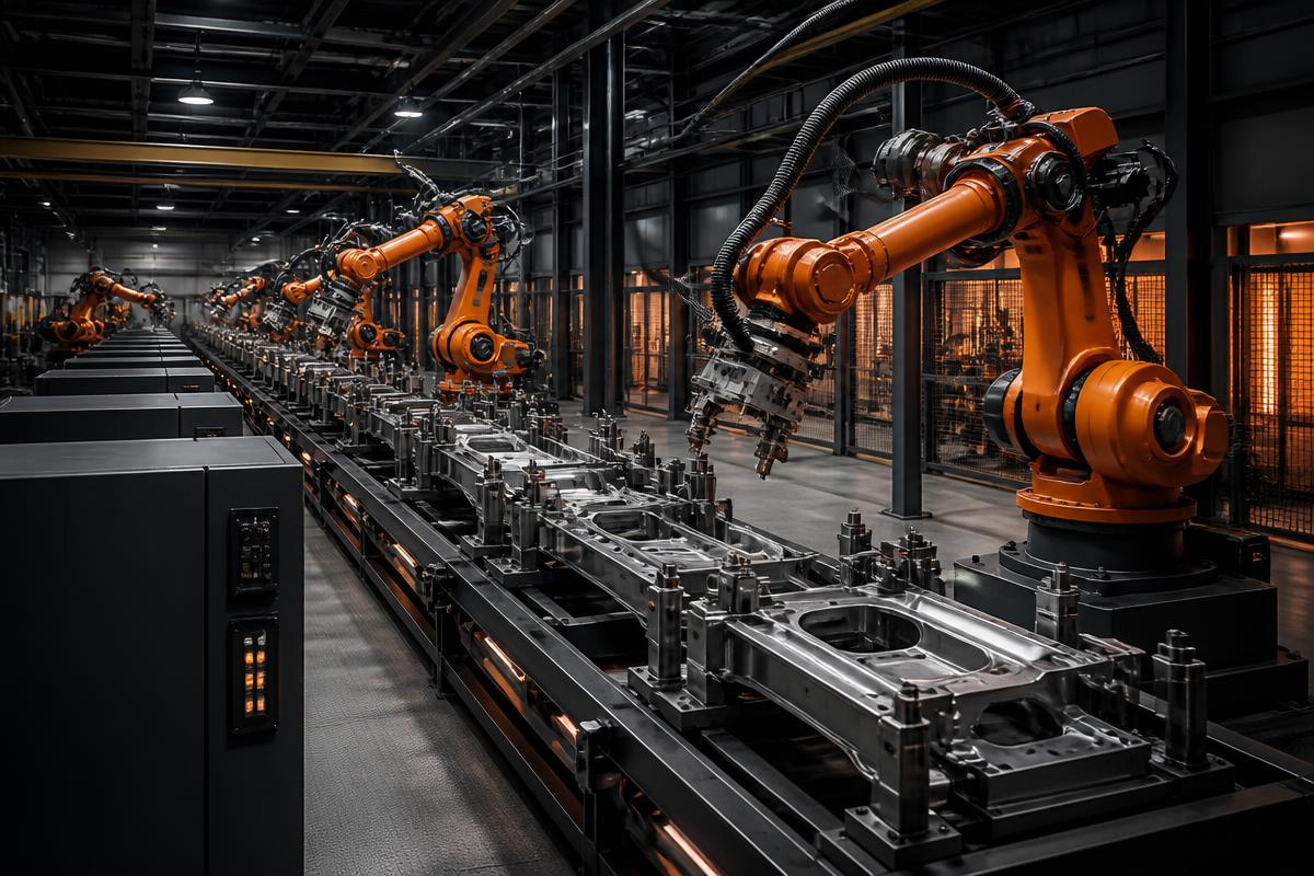 Zautomatyzowana linia produkcyjna z robotami przemysłowymi
