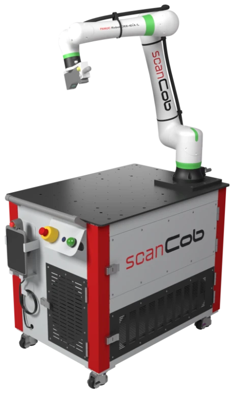 scanCob IMC — mobilny cobot inspekcyjny 3D z ramieniem FANUC CRX na wózku