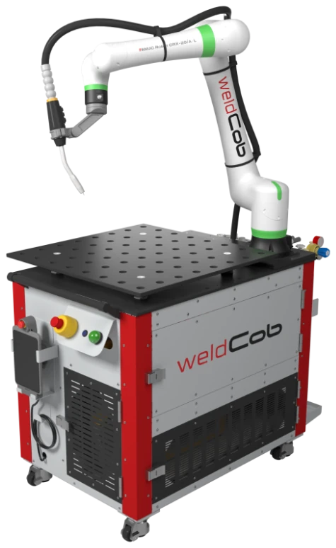 weldCob® — mobilny cobot spawalniczy z ramieniem FANUC CRX na wózku ze stołem spawalniczym